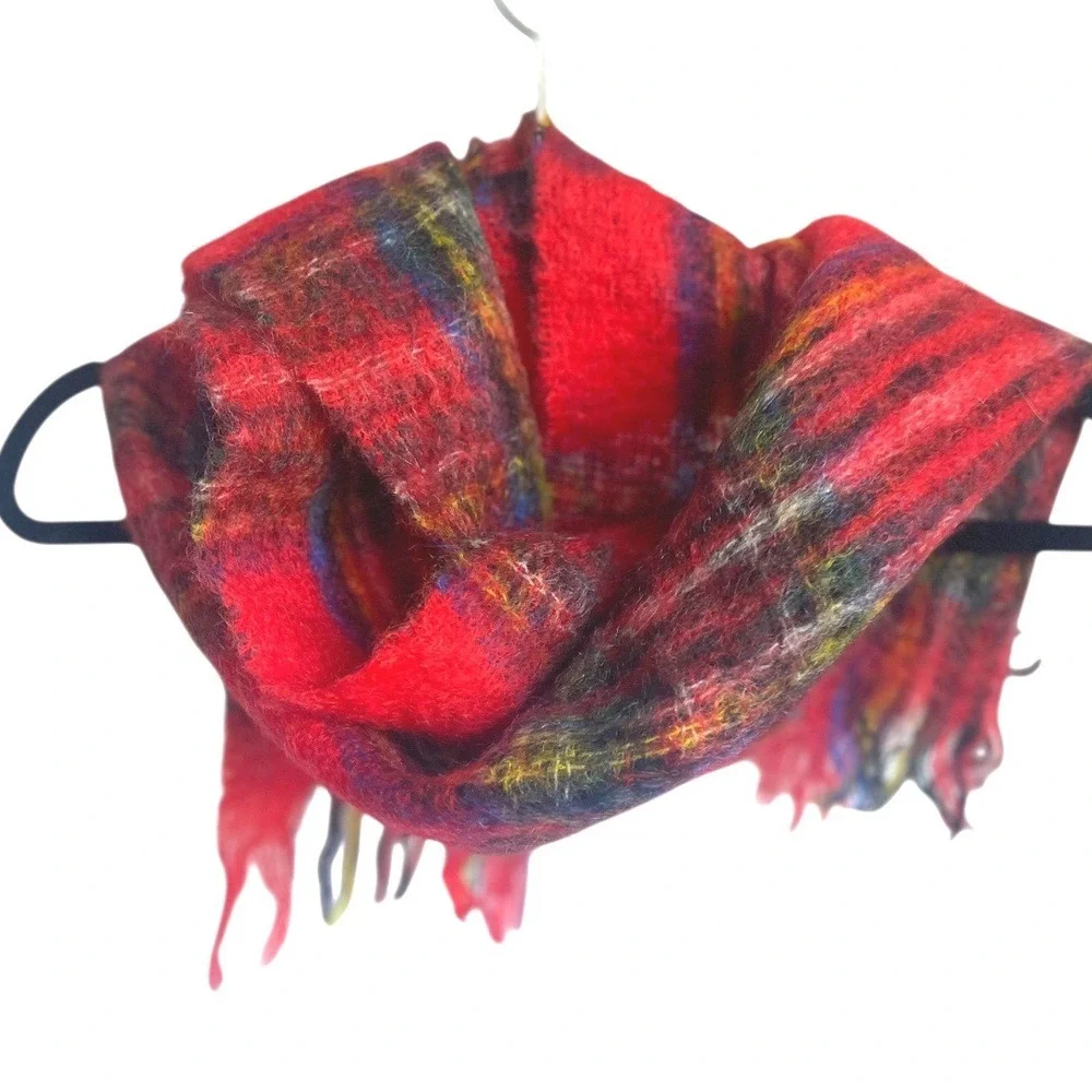 Vintage Red Tartan Plaid Scottish Mohair Wool Scarf Made in Scotland Fringe‎